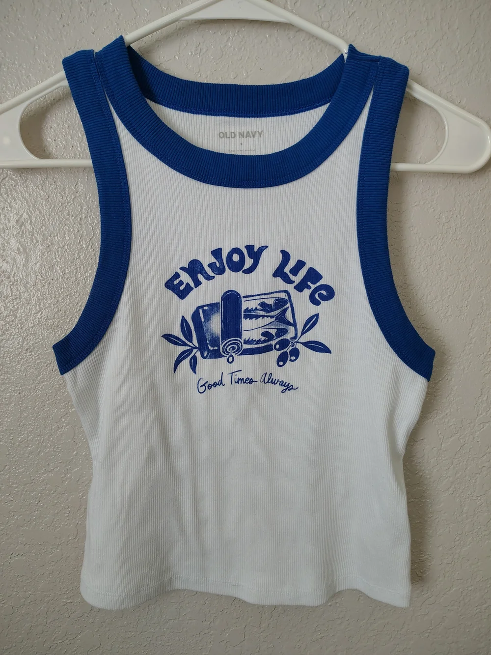 Old Navy White and Blue 'Enjoy Life' Graphic Ribbed Tank
